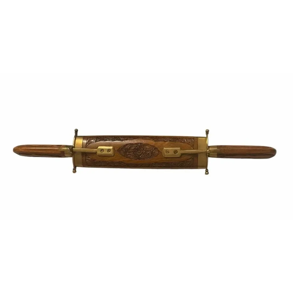 Vintage HAND CARVED Knife & Fork Carving Set Wood & Brass Sheath India 3707-66